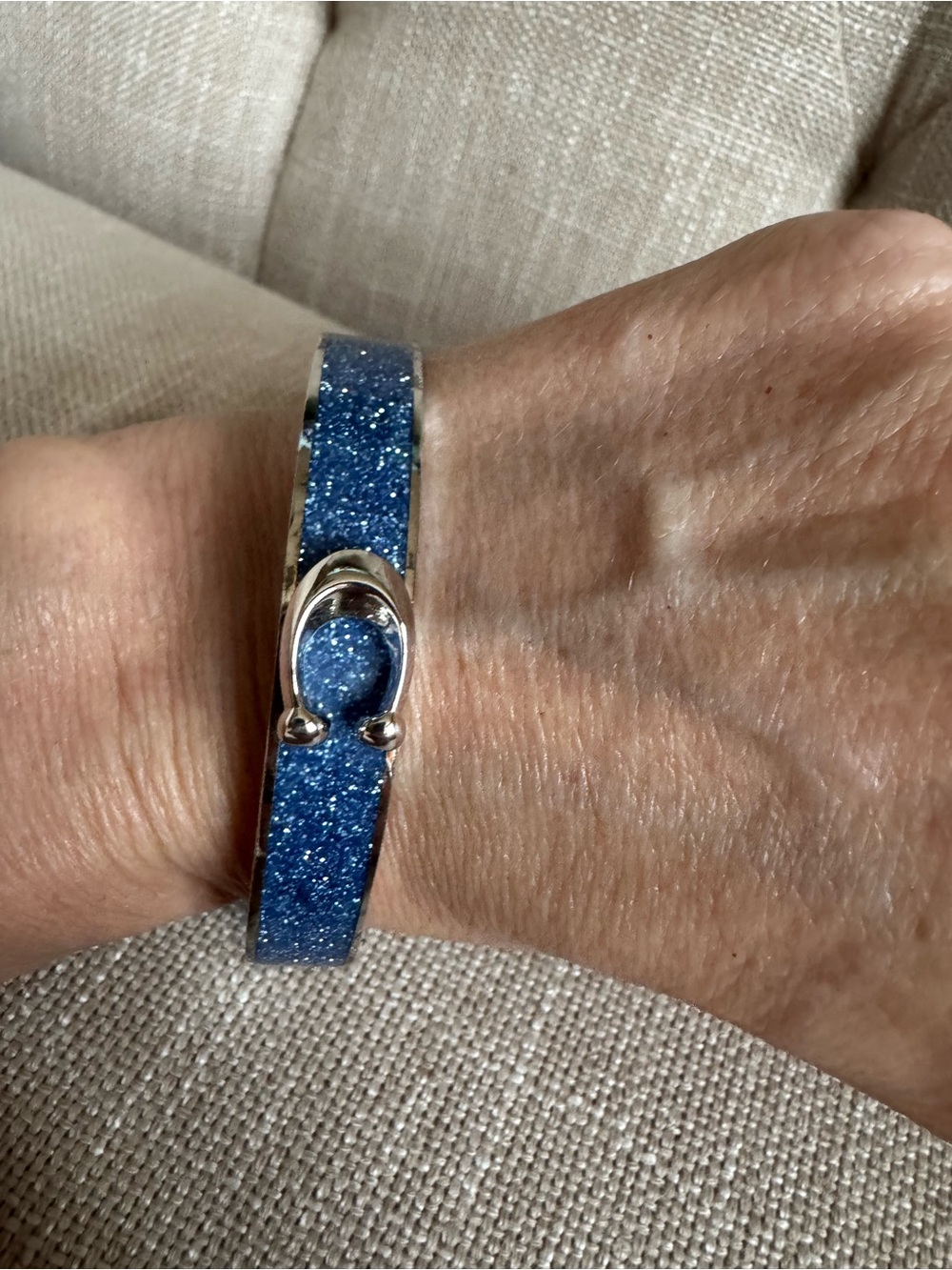 Coach Silver-Tone Blue Glitter C Hinge Bangle